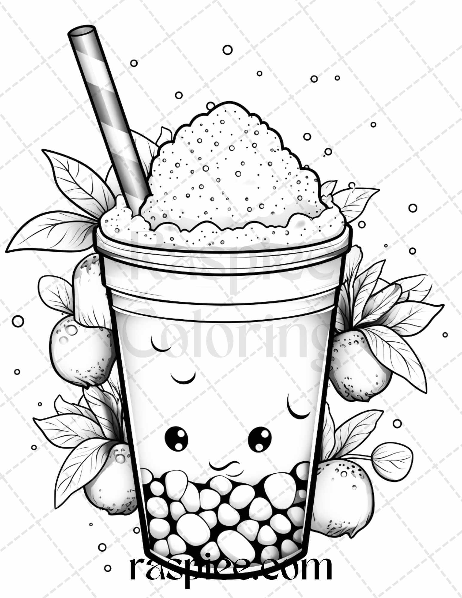 50 Cute Kawaii Boba Tea Grayscale Coloring Pages for Adults and Kids, Printable PDF File Instant Download