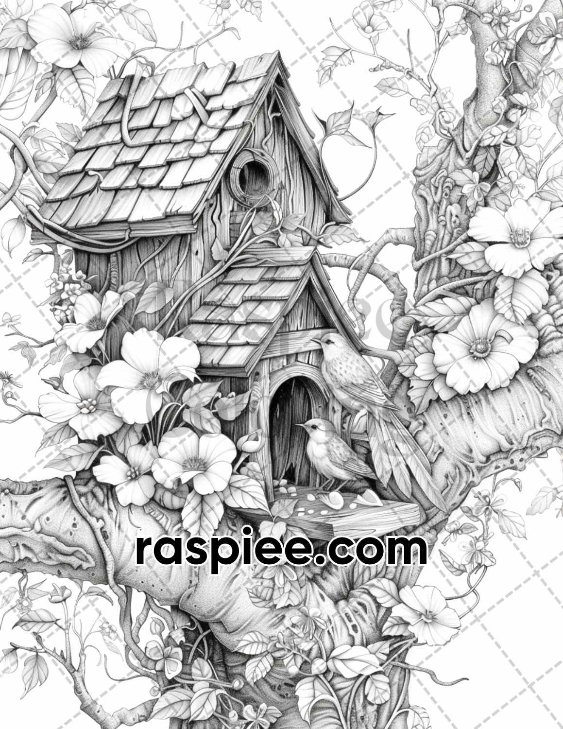 70 Enchanted Birdhouses Grayscale Adult Coloring Pages, Printable PDF Instant Download