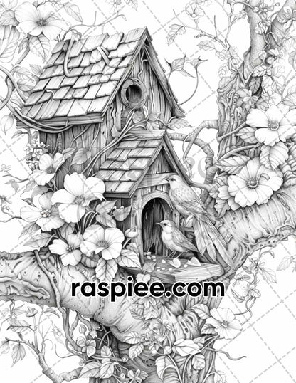 70 Enchanted Birdhouses Grayscale Adult Coloring Pages, Printable PDF Instant Download