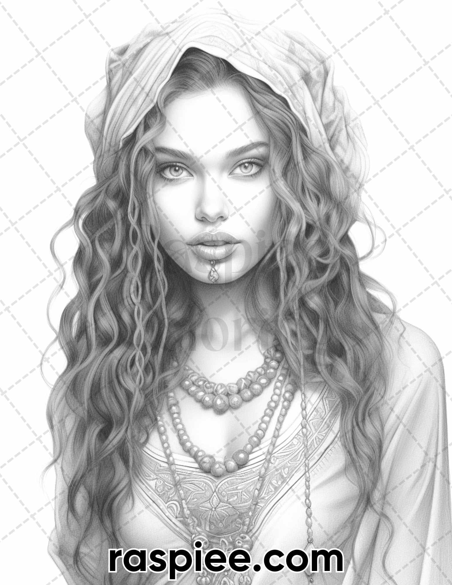 60 Bohemian Beauties Grayscale Coloring Pages for Adults, Printable PDF Instant Download