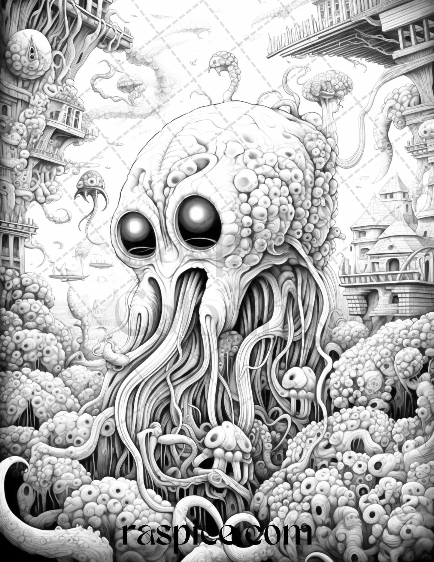 53 Surreal Creatures Grayscale Coloring Pages for Adults, Printable PDF File Instant Download