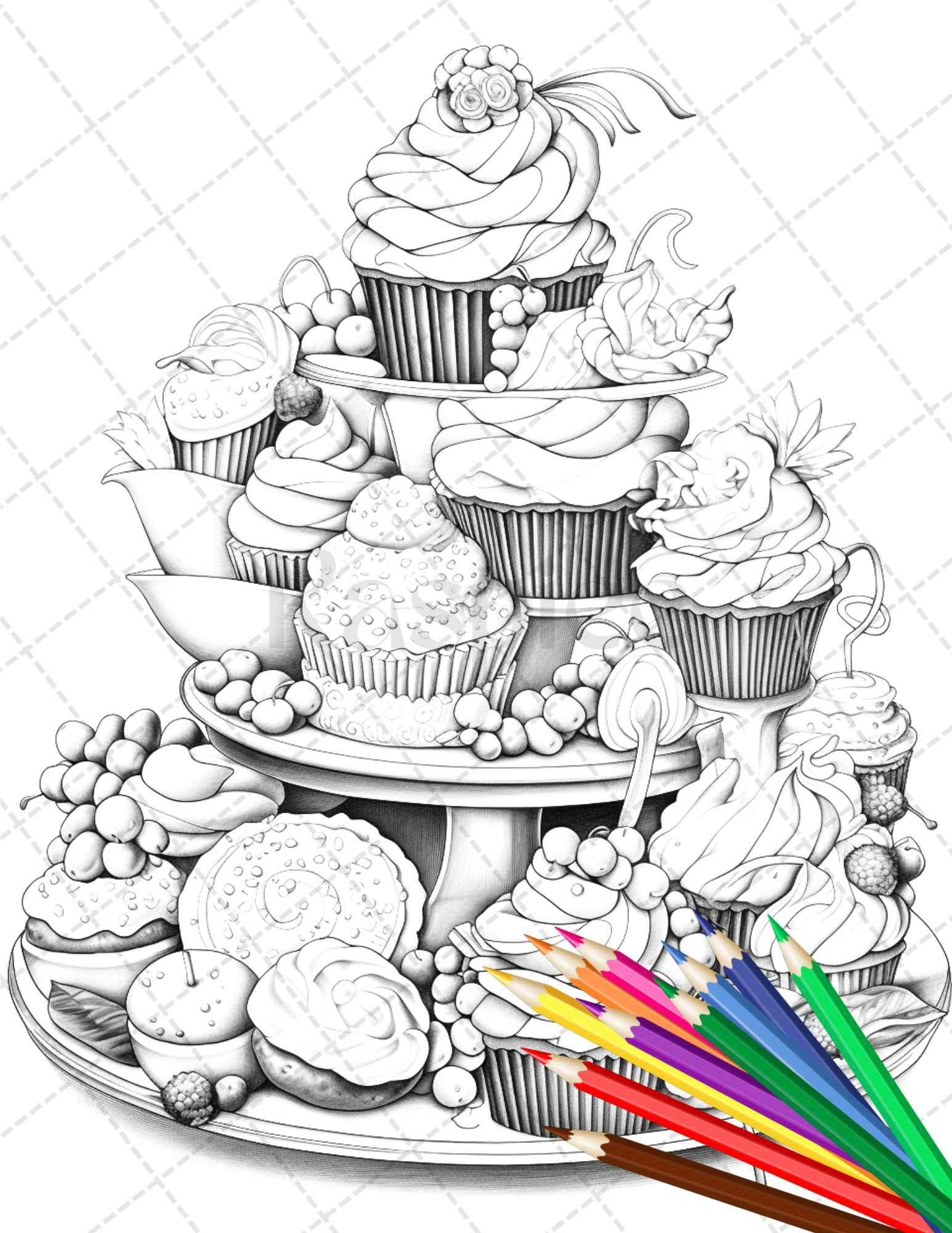36 Sweet Desserts Coloring Pages Printable for Adults, Grayscale Coloring Page, PDF File Instant Download