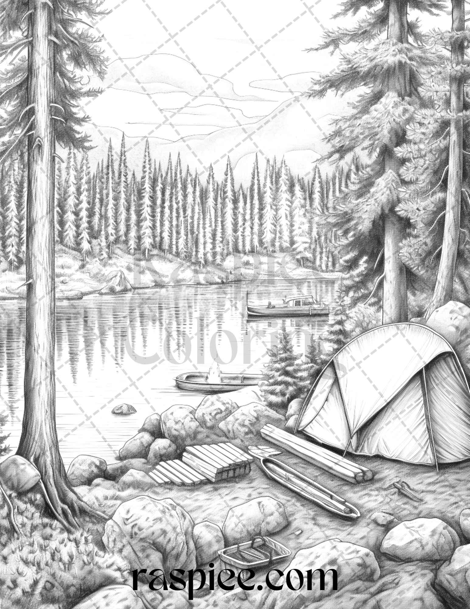 Nature Camping Grayscale Coloring Pages Printable, Relaxing Outdoor Scenes, PDF File Instant Download