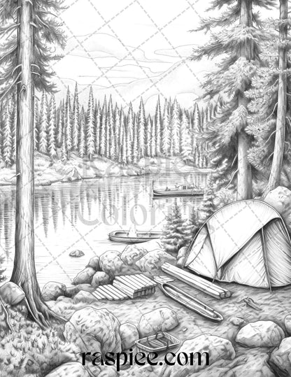 Nature Camping Grayscale Coloring Pages Printable, Relaxing Outdoor Scenes, PDF File Instant Download