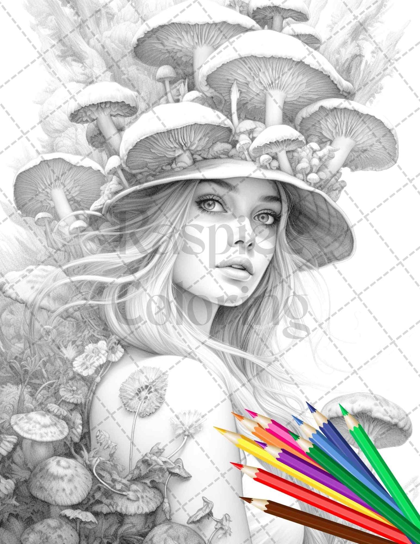 50 Mushroom Fairy Grayscale Coloring Pages Printable for Adults, PDF File Instant Download