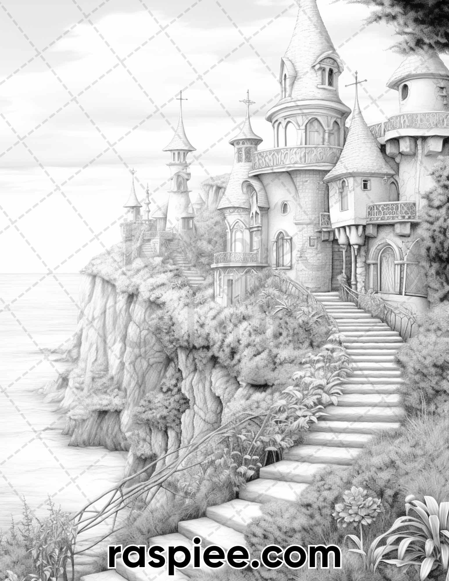 50 Fairy Beach Houses Grayscale Coloring Pages for Adults, Printable PDF Instant Download