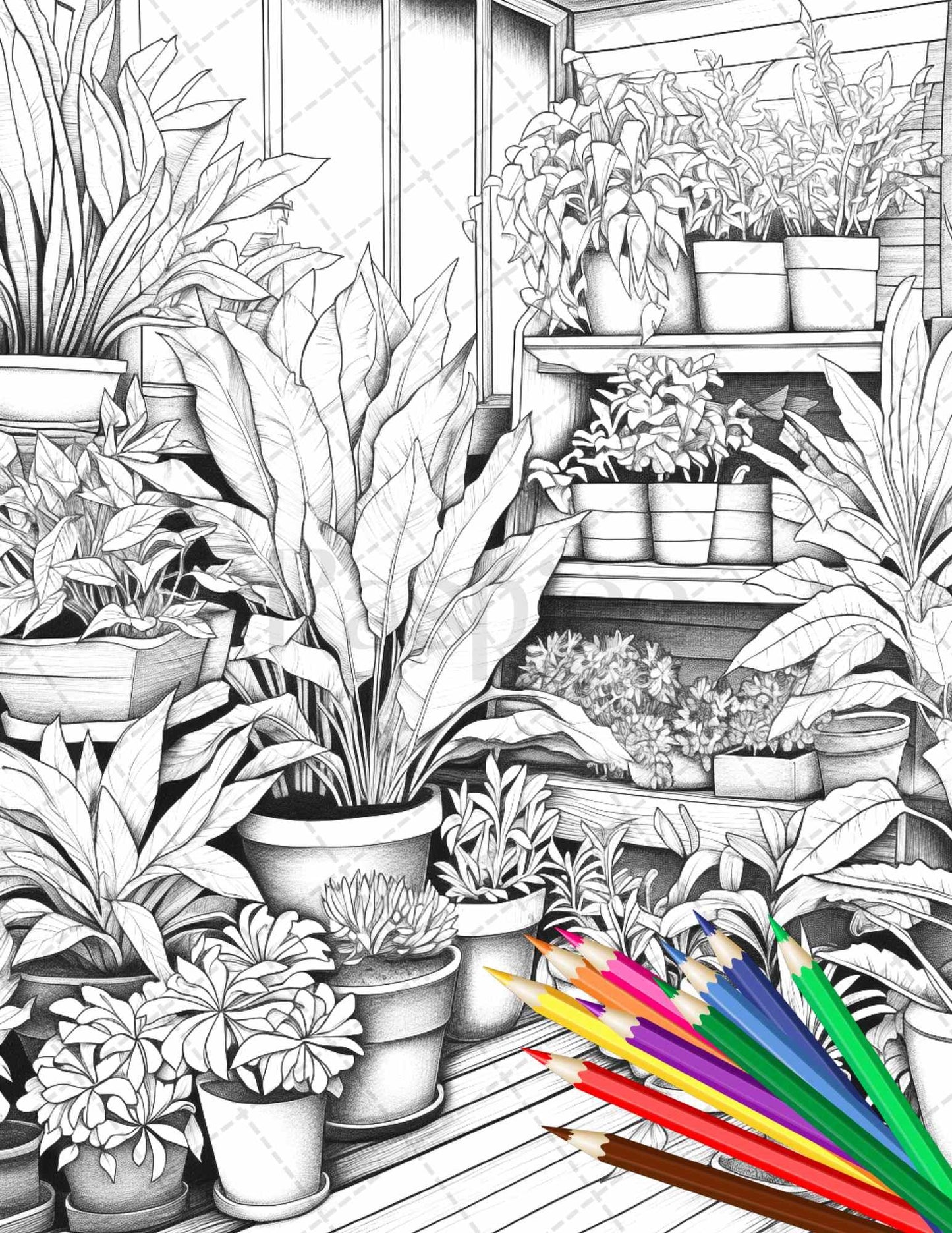 38 Indoor Houseplants Coloring Pages Printable for Adults, Grayscale Coloring Page, PDF File Instant Download