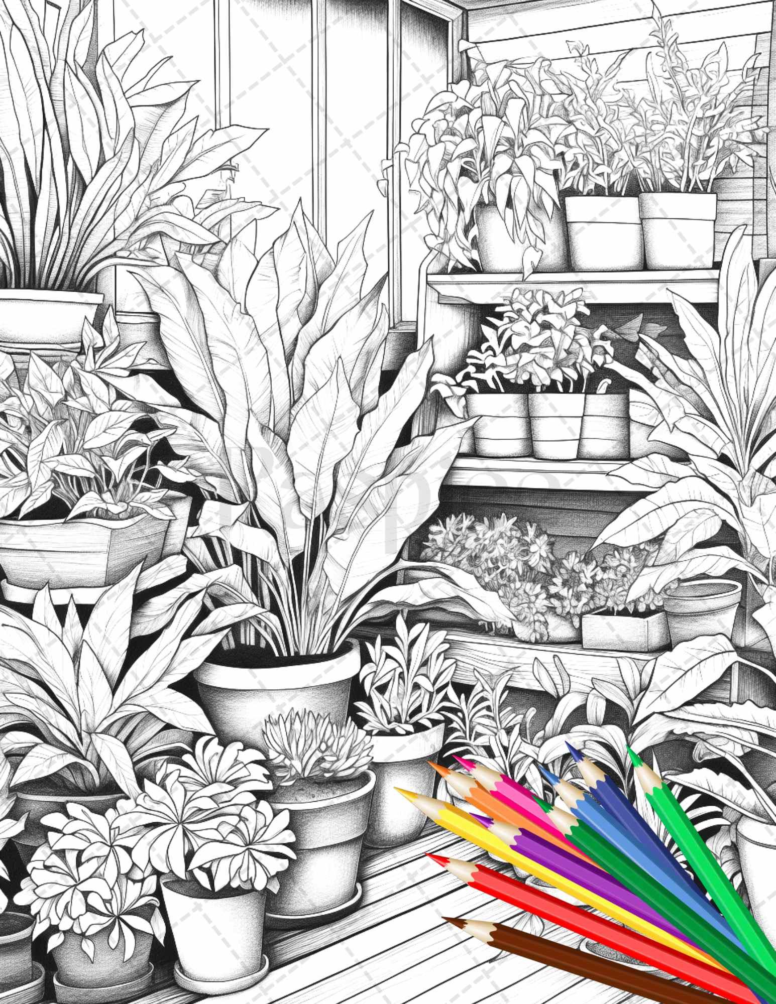 38 Indoor Houseplants Coloring Pages Printable for Adults, Grayscale Coloring Page, PDF File Instant Download