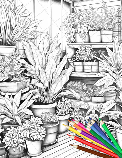 38 Indoor Houseplants Coloring Pages Printable for Adults, Grayscale Coloring Page, PDF File Instant Download