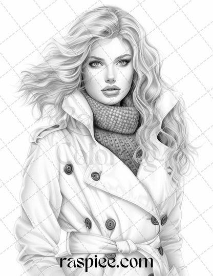 40 Winter Fashion Grayscale Coloring Pages Printable for Adults, PDF File Instant Download