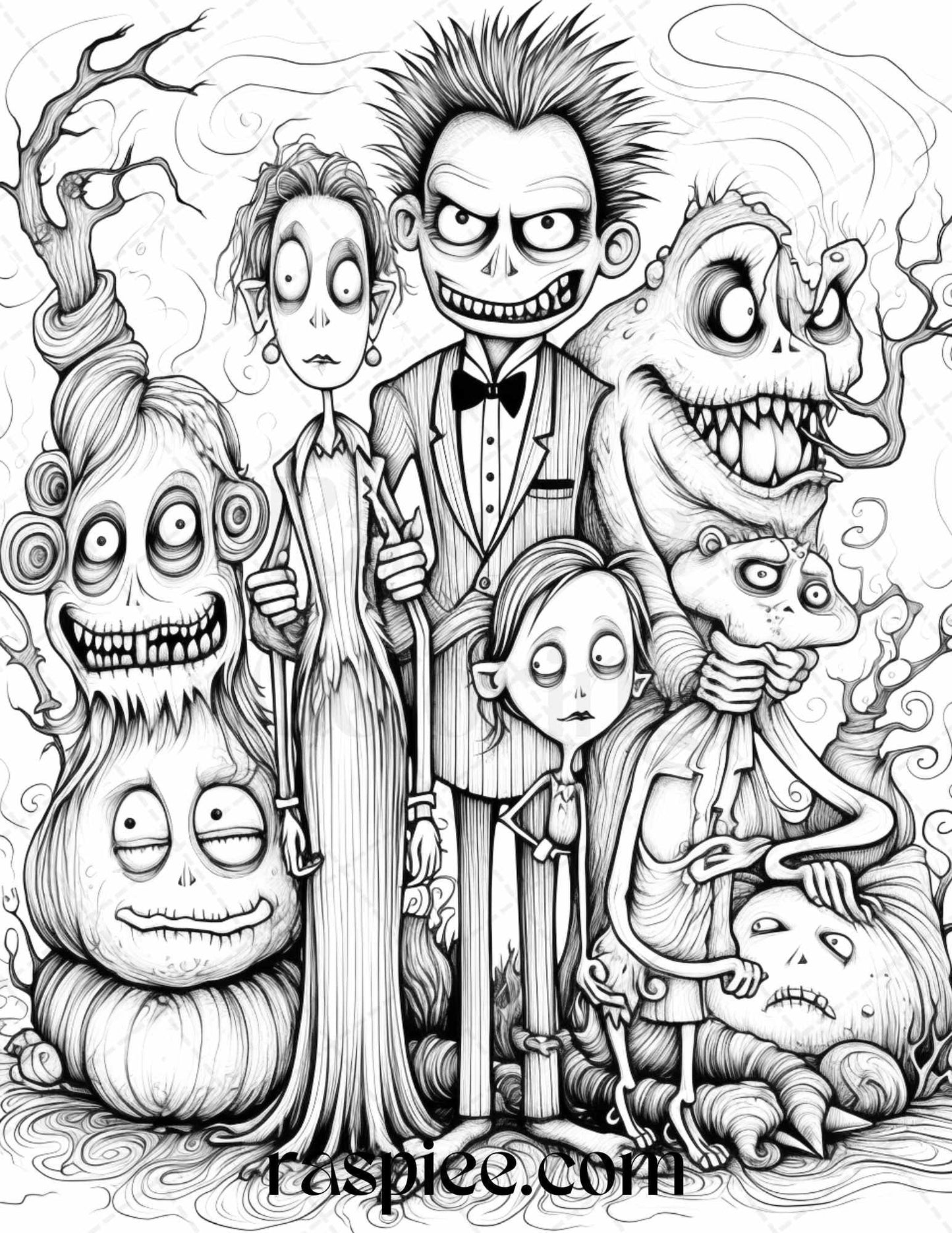 50 Monster Family Grayscale Coloring Pages Printable for Adults - Instant Download, Halloween Coloring Book, Fun and Spooky Designs