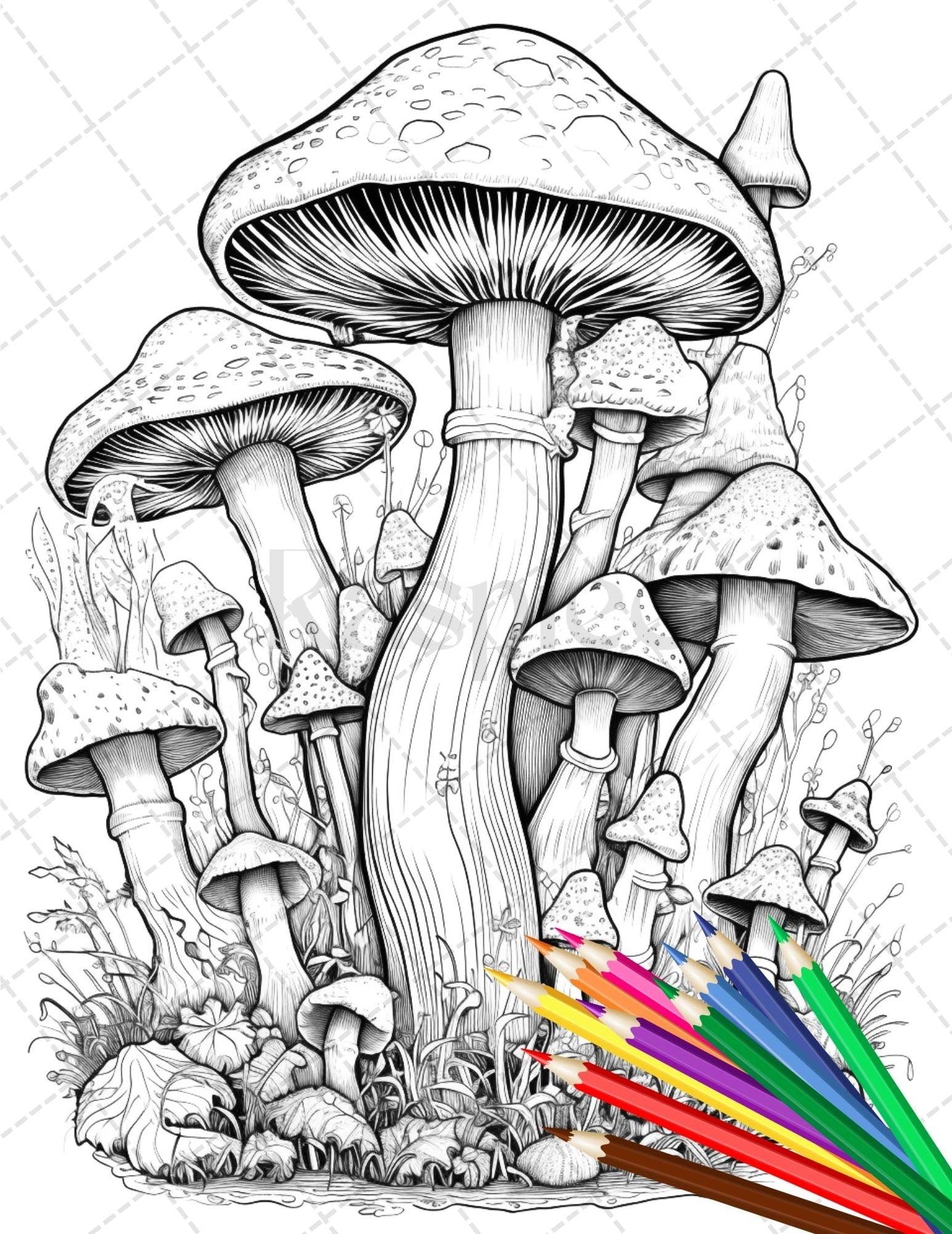 Psychedelic Mushroom Forest Coloring Book Printable for Adults, Trippy Grayscale Coloring Page, PDF File Instant Download