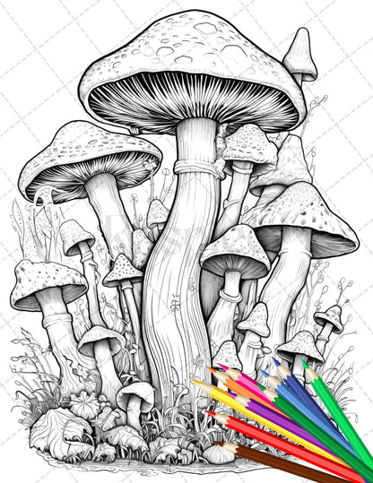 Psychedelic Mushroom Forest Coloring Book Printable for Adults, Trippy Grayscale Coloring Page, PDF File Instant Download