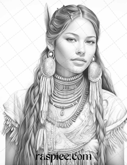 Native American Portrait Grayscale Coloring Pages Printable for Adults, PDF File Instant Download