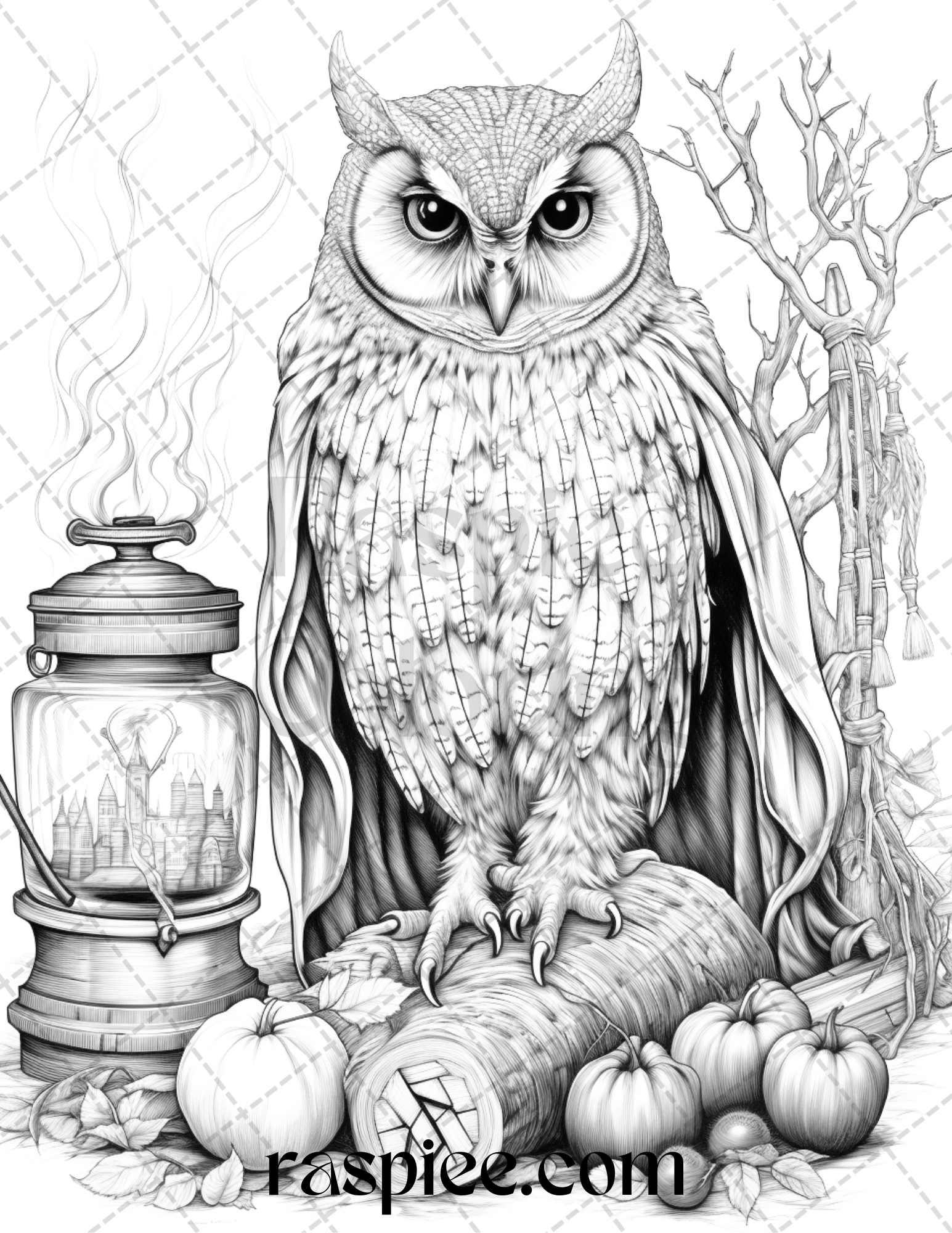 Halloween Witch Owl Grayscale Coloring Pages for Adults and Kids, Printable PDF Instant Download