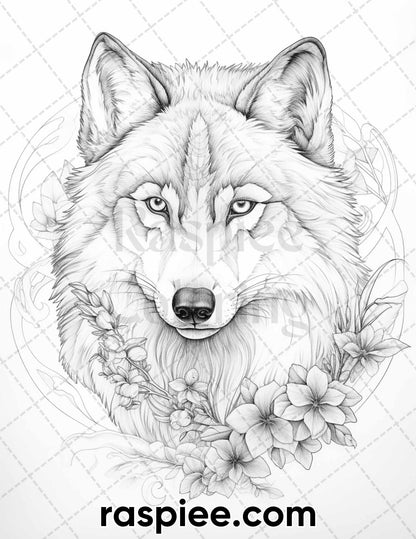 50 Winter Wolf Grayscale Coloring Pages for Adults, Printable PDF Instant Download