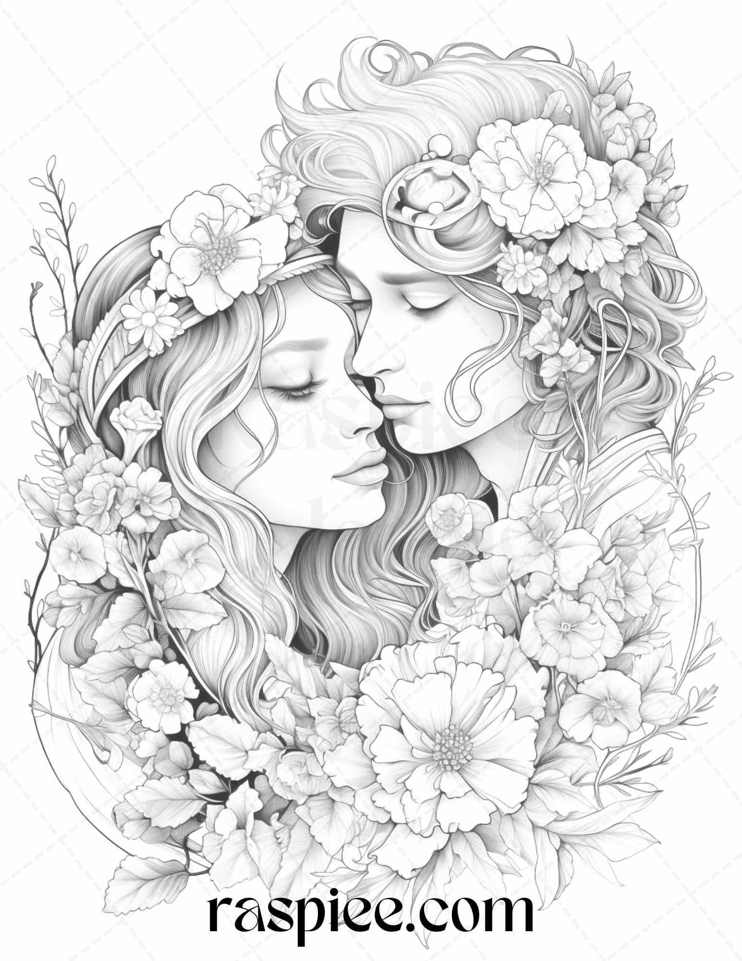 50 Romantic Couple Flowers Grayscale Coloring Pages Printable for Adults, PDF File Instant Download