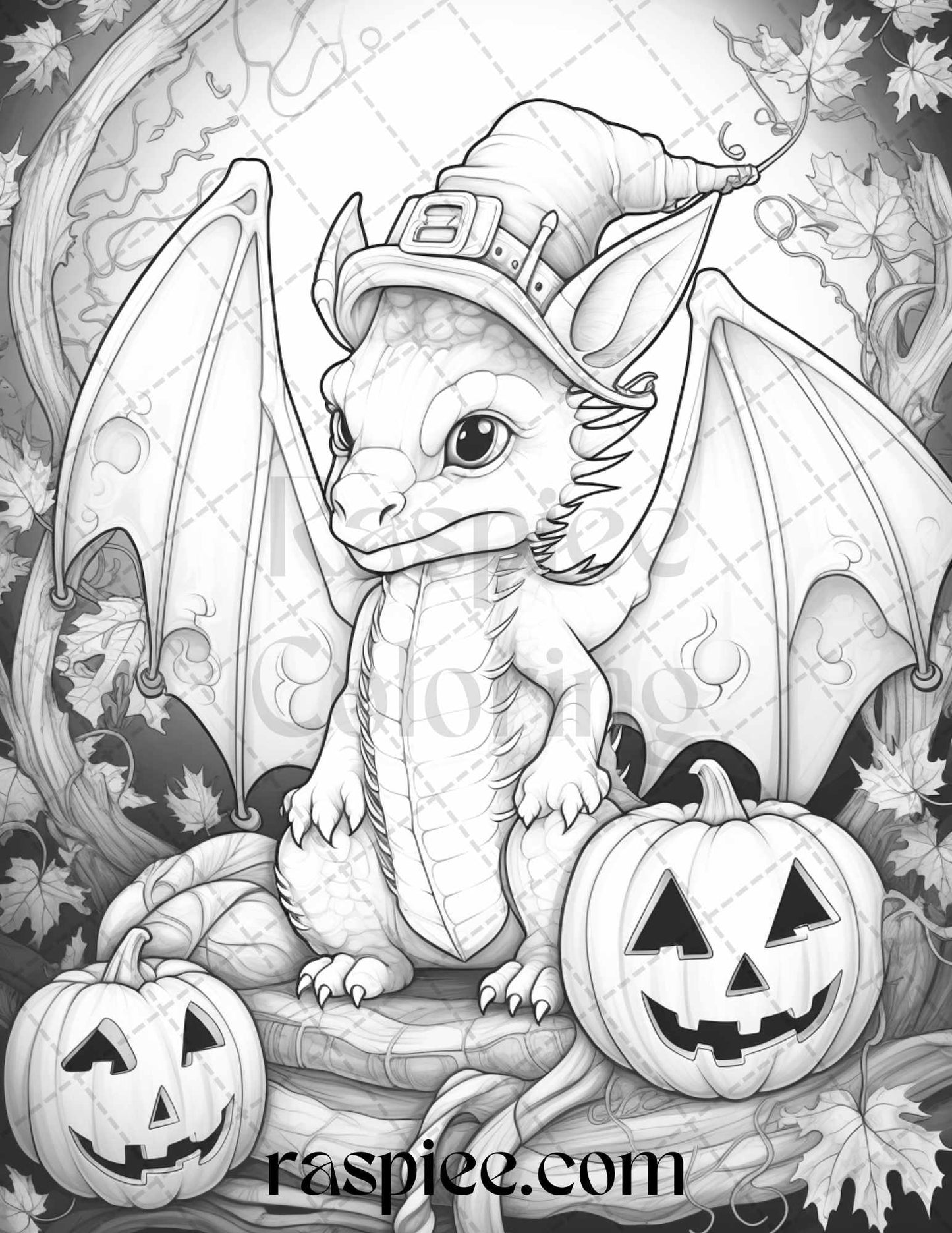 50 Cute Pumpkin Dragons Graycale Coloring Pages for Adults and Kids, Printable PDF File Instant Download