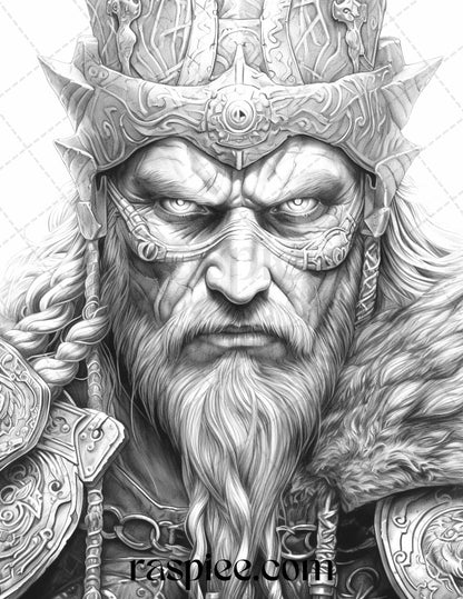 55 Viking Warriors Portrait Grayscale Coloring Pages Printable for Adults, PDF File Instant Download