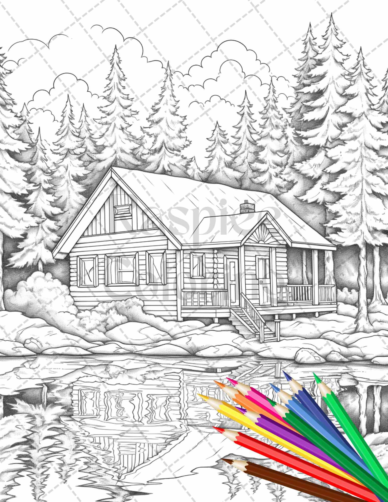 Lake Cabin Scenery Grayscale Coloring Pages Printable for Adults, PDF File Instant Download