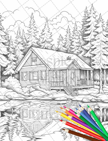 Lake Cabin Scenery Grayscale Coloring Pages Printable for Adults, PDF File Instant Download