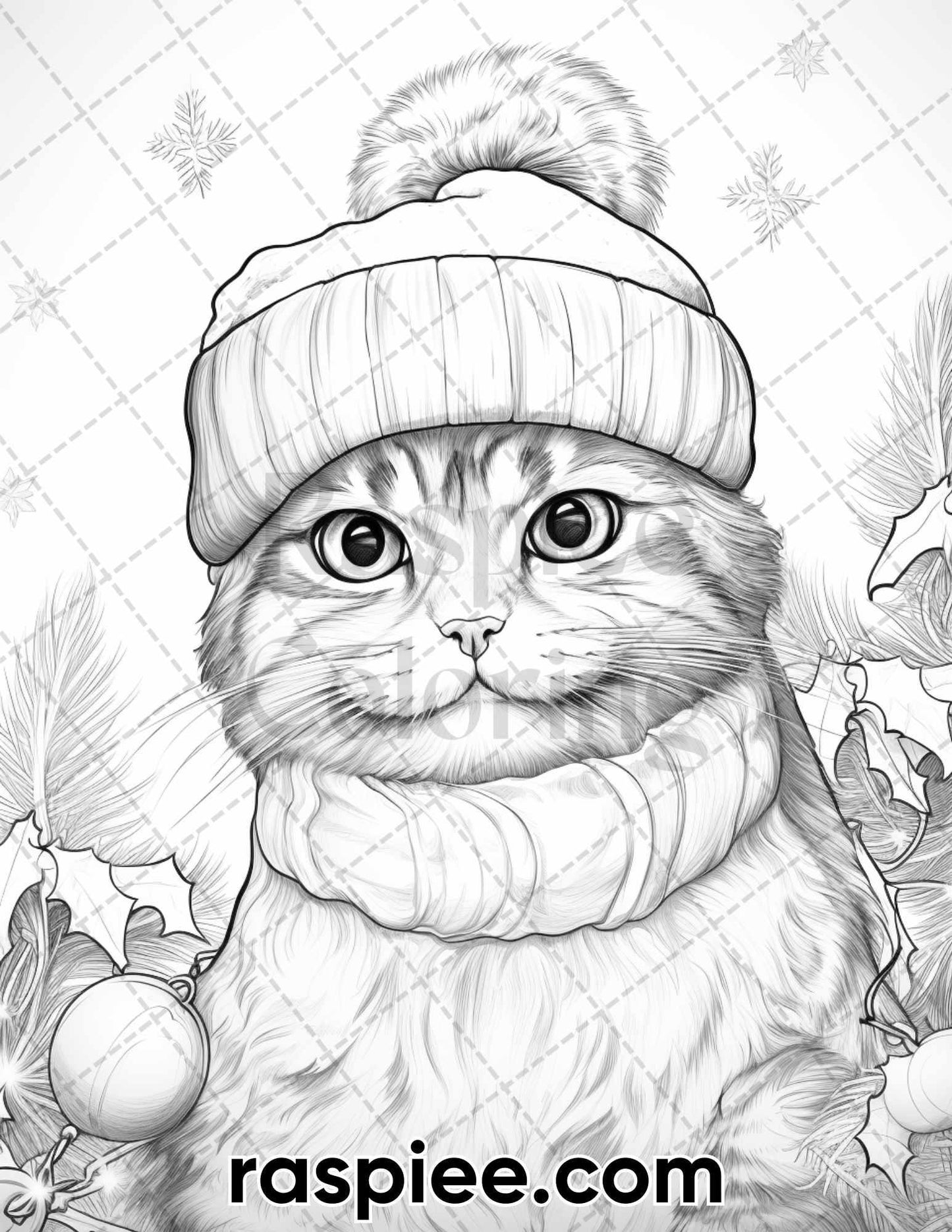 40 Christmas Cats Grayscale Coloring Pages for Adults, Printable PDF Instant Download