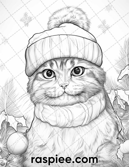 40 Christmas Cats Grayscale Coloring Pages for Adults, Printable PDF Instant Download
