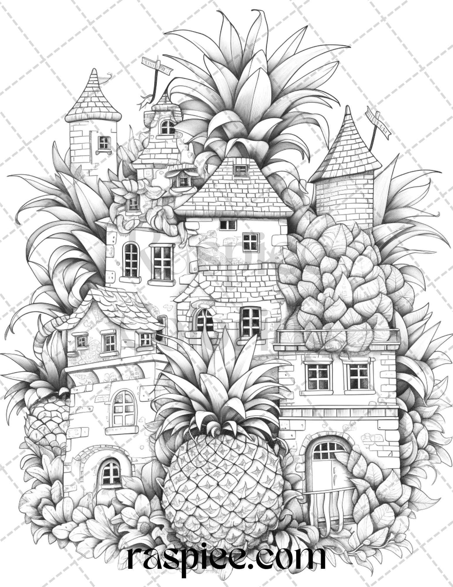 50 Pineapple Houses Grayscale Coloring Pages Printable for Adults, PDF File Instant Download