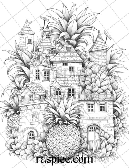 50 Pineapple Houses Grayscale Coloring Pages Printable for Adults, PDF File Instant Download