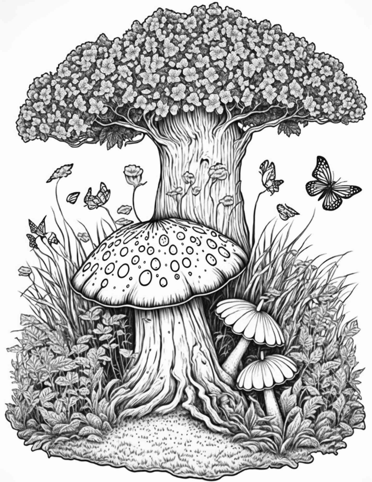 100 Mushroom Forest Coloring Pages Printable for Adults and Kids, Grayscale Coloring Book, Printable PDF File Instant Download