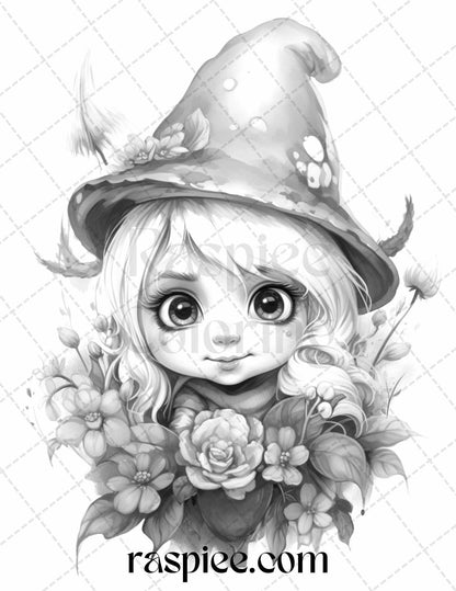 50 Flower Gnomes Grayscale Coloring Pages Printable for Adults Kids, PDF File Instant Download