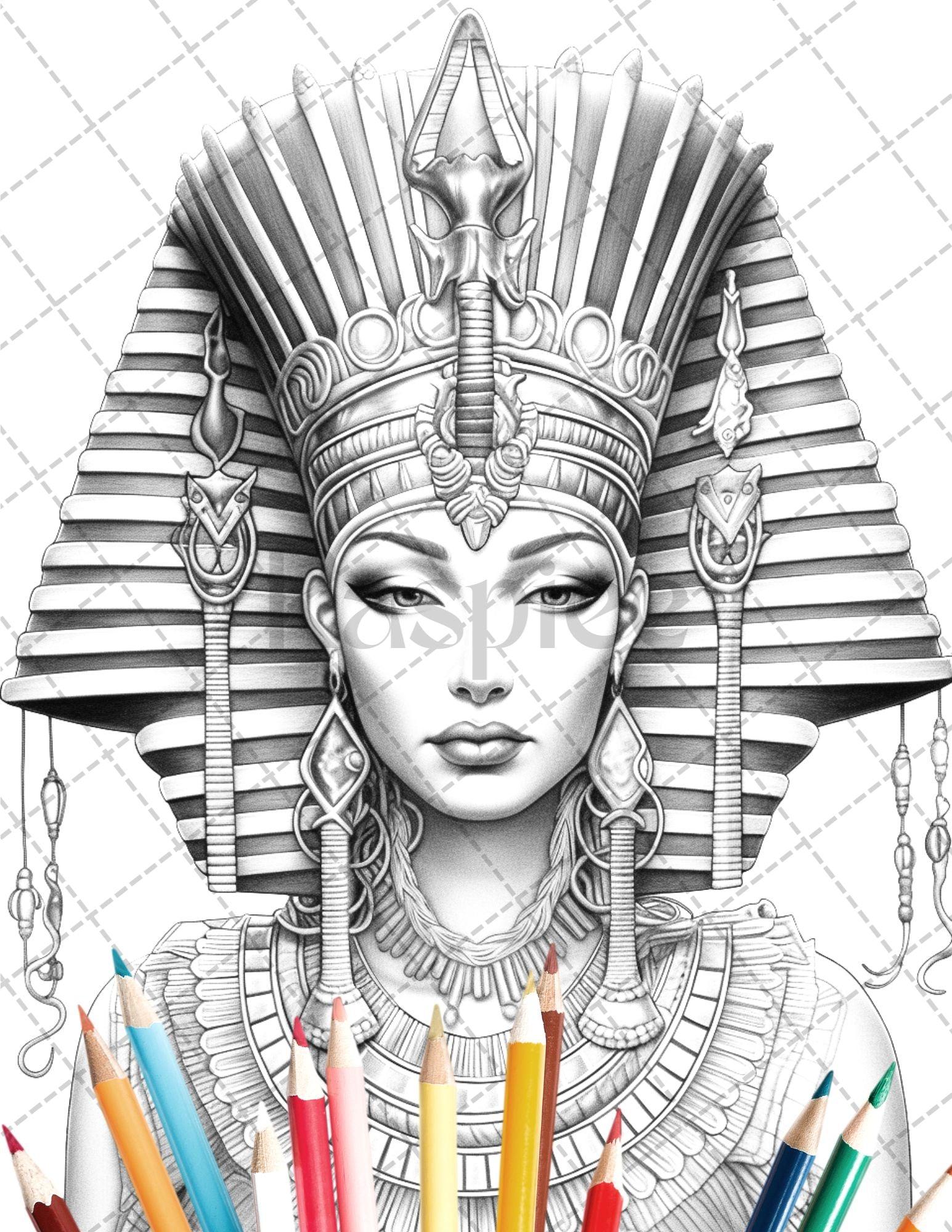 35 Ancient Egyptian Queens Coloring Book Printable for Adults, Grayscale Coloring Page, PDF File Instant Download
