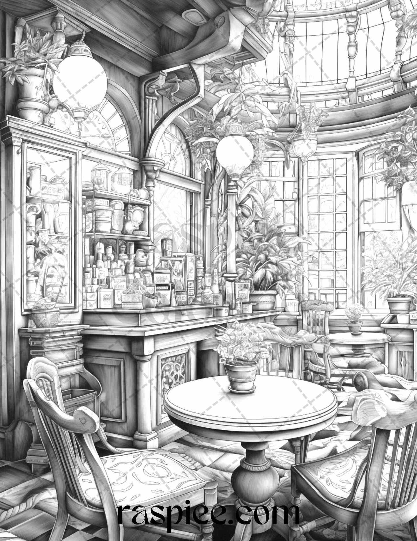 50 Cozy Coffee Shop Grayscale Coloring Pages Printable for Adults, PDF File Instant Download