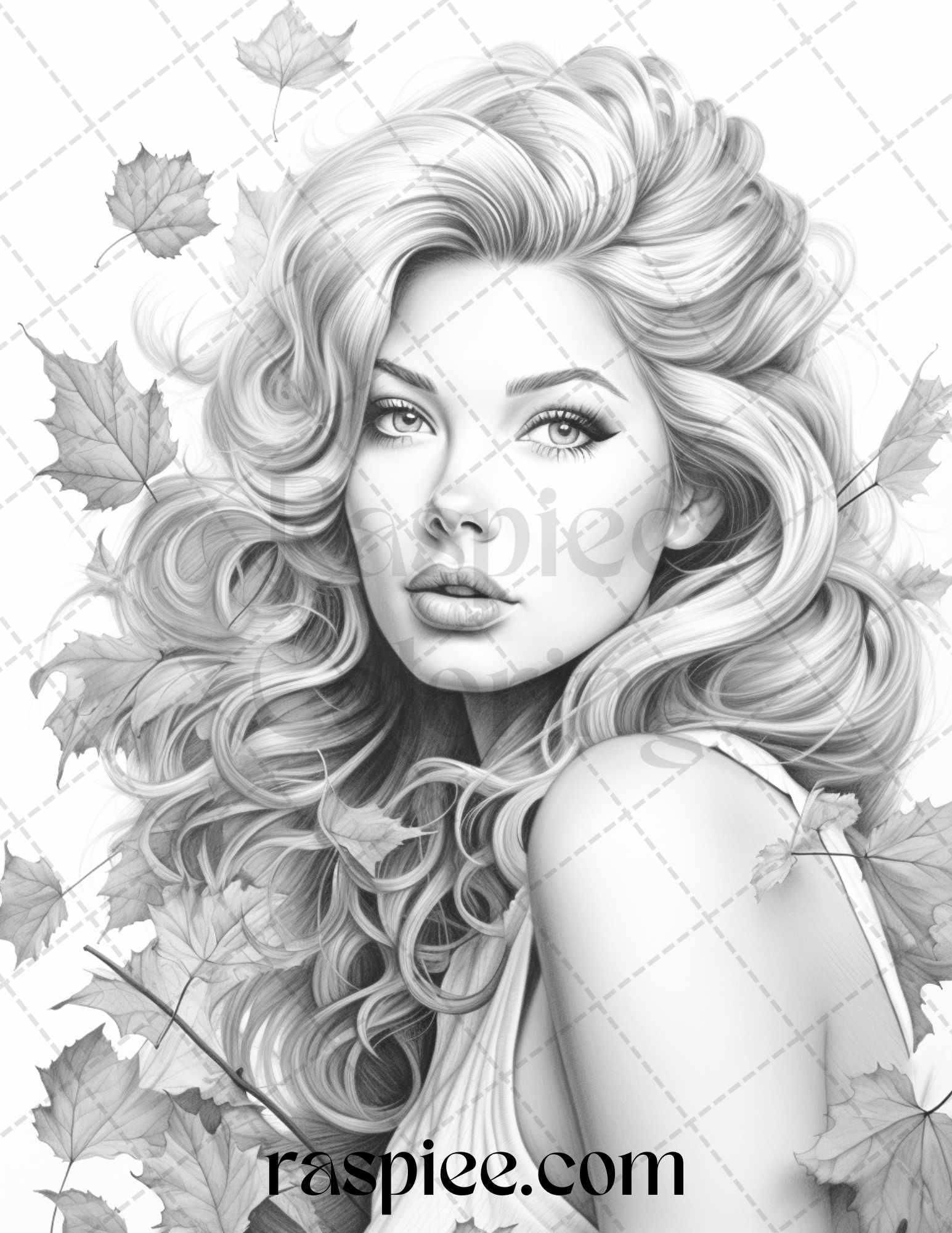 55 Autumn Pin Up Girls Grayscale Coloring Pages Printable for Adults, PDF File Instant Download