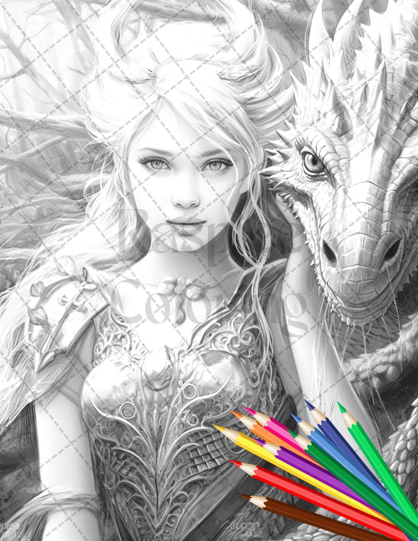 Enchanted Dragon Queens Grayscale Coloring Pages Printable for Adults, PDF File Instant Download