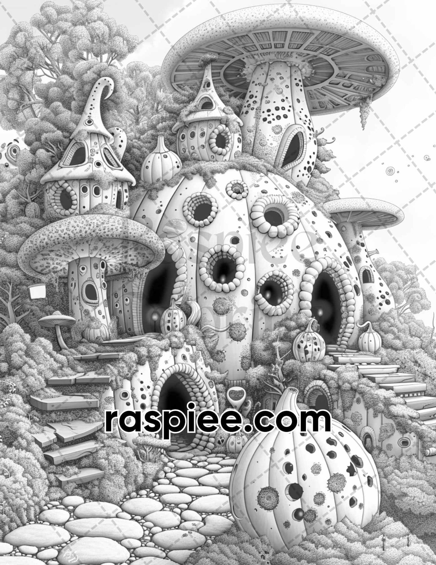 65 Fantasy Pumpkin Village Grayscale Adult Coloring Pages, Printable PDF Instant Download