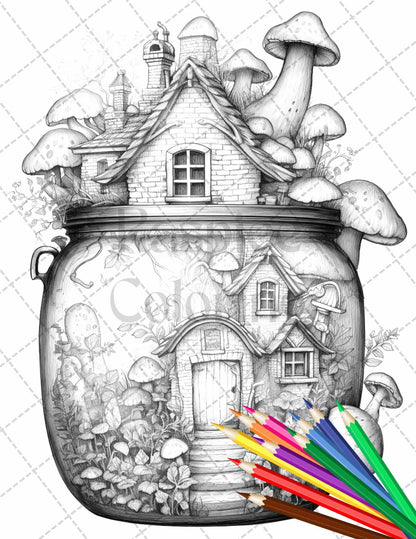 Fairy House in Jar Grayscale Coloring Pages Printable for Adults, PDF File Instant Download