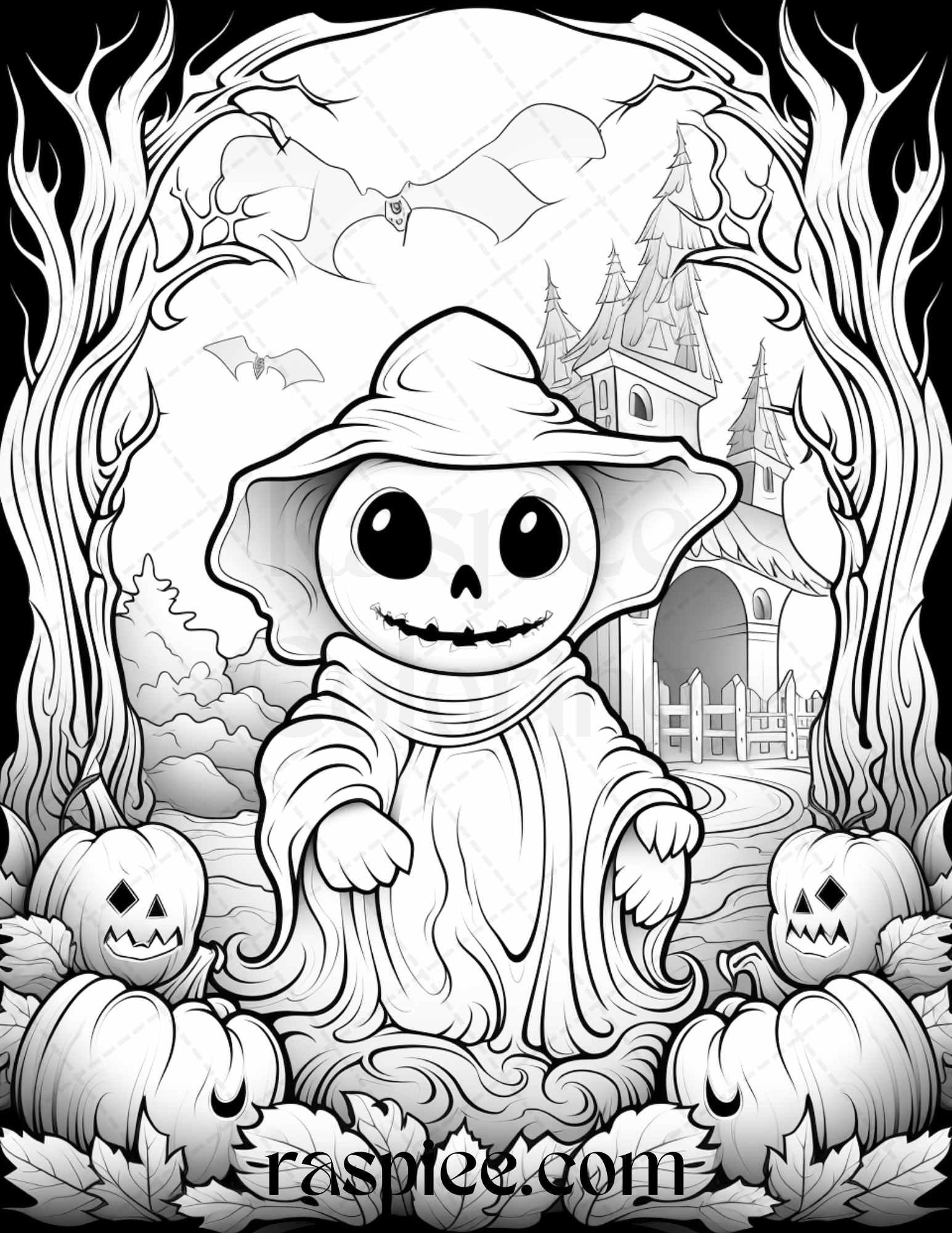 50 Halloween Cute Ghosts Grayscale Coloring Printable for Adults Kids, PDF File Instant Download