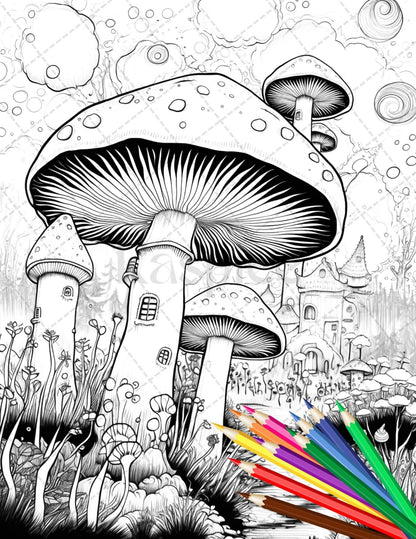 Psychedelic Mushroom Forest Coloring Book Printable for Adults, Trippy Grayscale Coloring Page, PDF File Instant Download