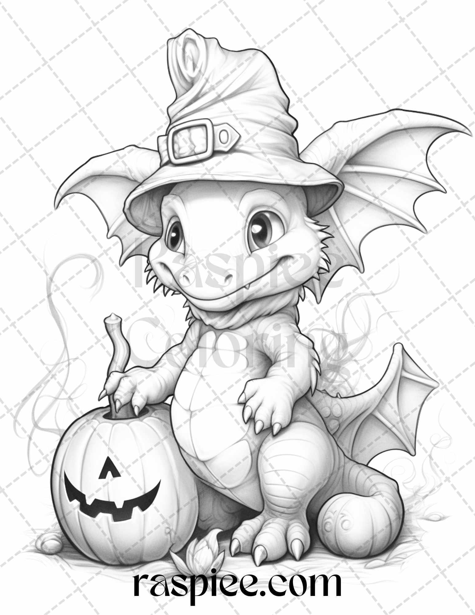 50 Cute Pumpkin Dragons Graycale Coloring Pages for Adults and Kids, Printable PDF File Instant Download