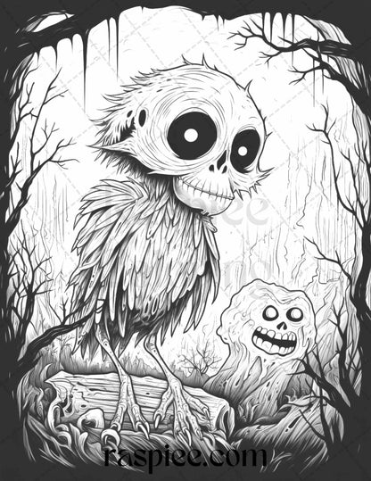50 Halloween Scary Animals Grayscale Coloring Pages Printable for Adults, PDF File Instant Download