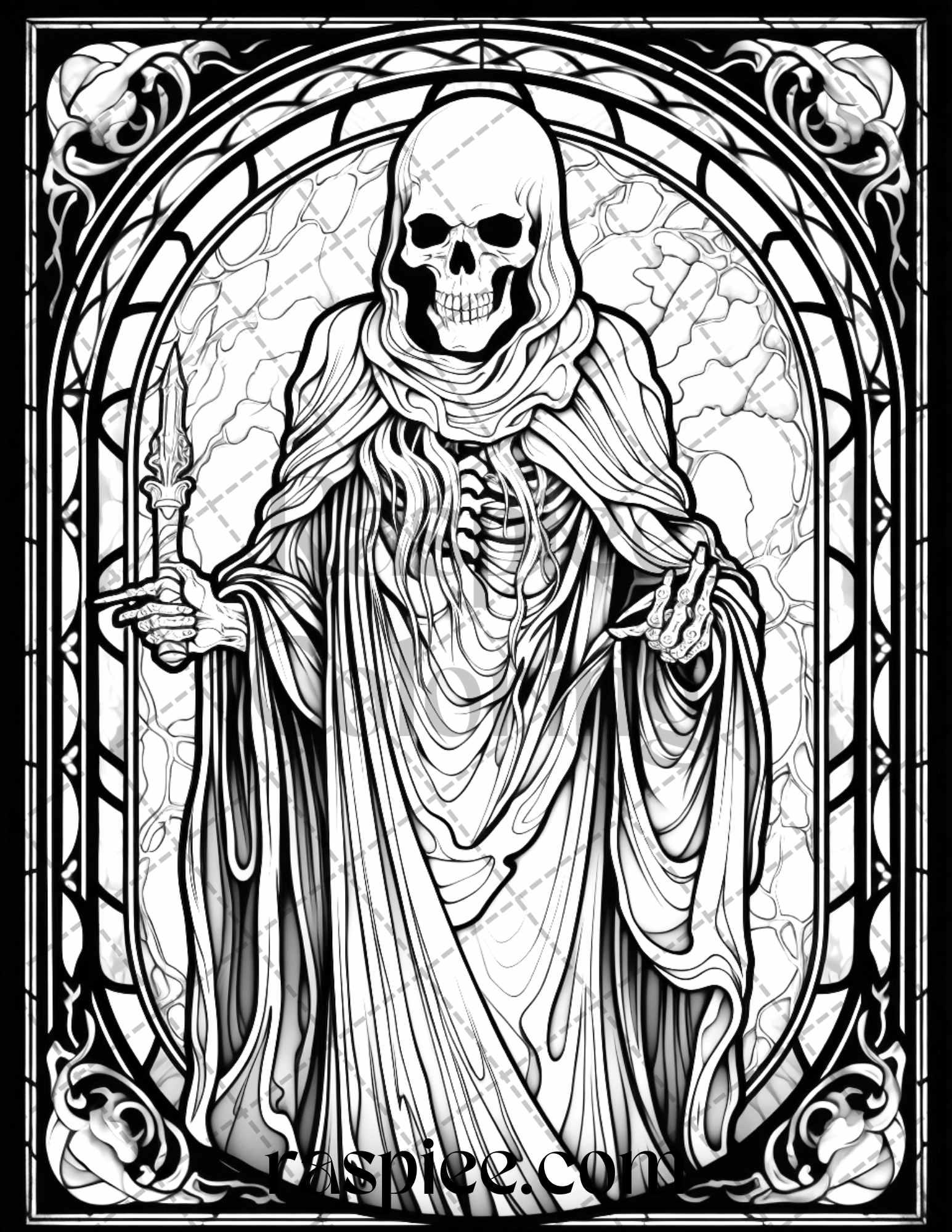 70 Halloween Stained Glass Grayscale Coloring Pages Printable for Adults, PDF File Instant Download