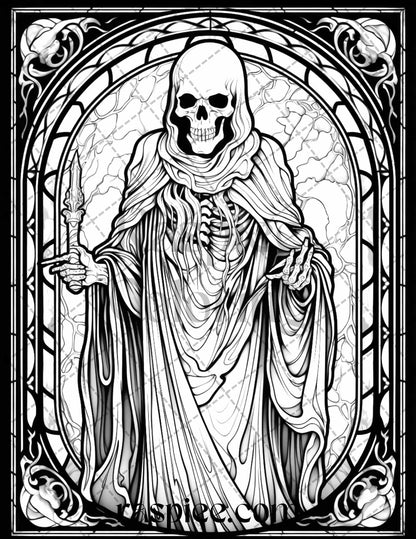 70 Halloween Stained Glass Grayscale Coloring Pages Printable for Adults, PDF File Instant Download