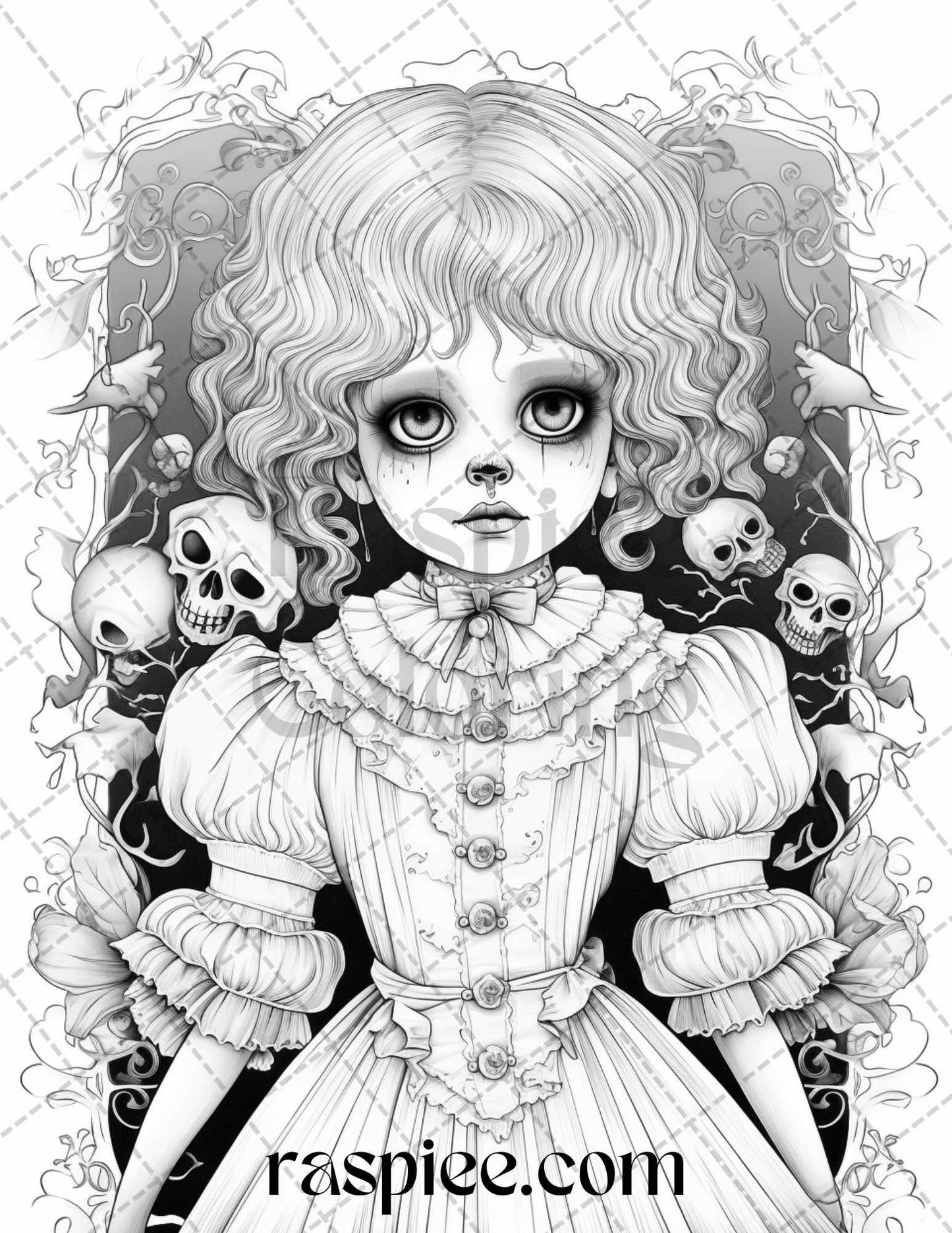50 Scary Victorian Dolls Grayscale Coloring Pages Printable for Adults, PDF File Instant Download