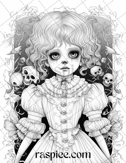 50 Scary Victorian Dolls Grayscale Coloring Pages Printable for Adults, PDF File Instant Download