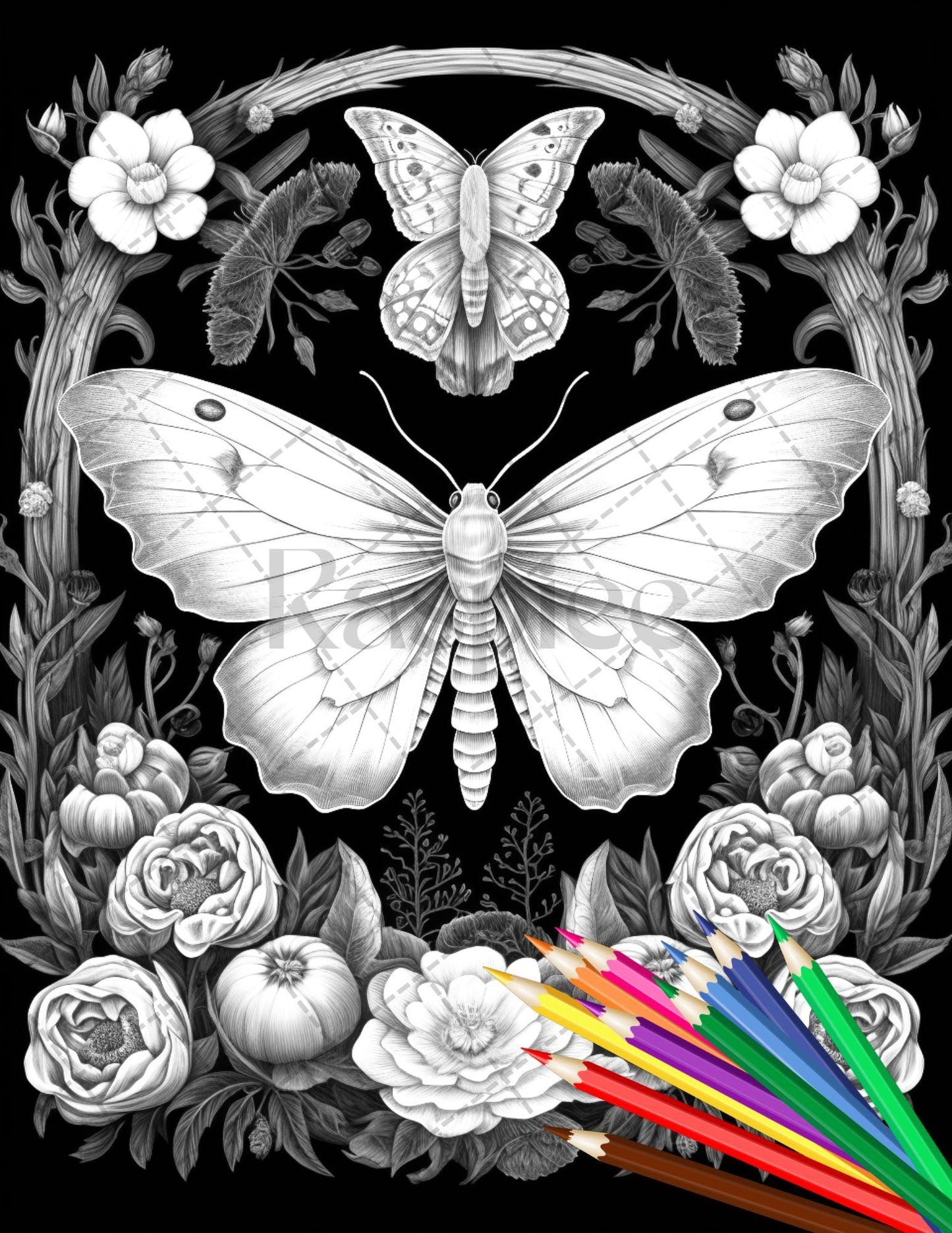 32 Beautiful Moths and Floral Coloring Book for Adults, Grayscale Coloring Page, Printable PDF Instant Download