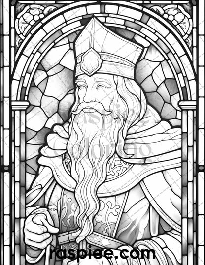 50 Christmas Stained Glass Grayscale Coloring Pages for Adults, Printable PDF File Instant Download