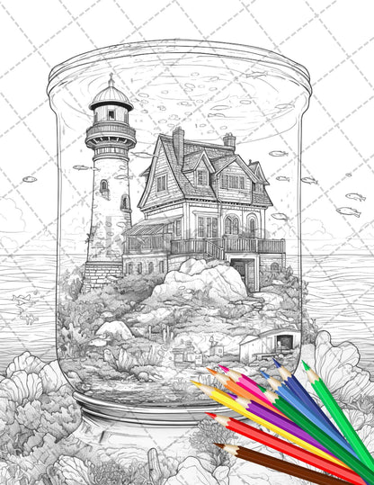 34 Fishtank Houses Coloring Book for Adults, Grayscale Coloring Page, Printable PDF Instant Download