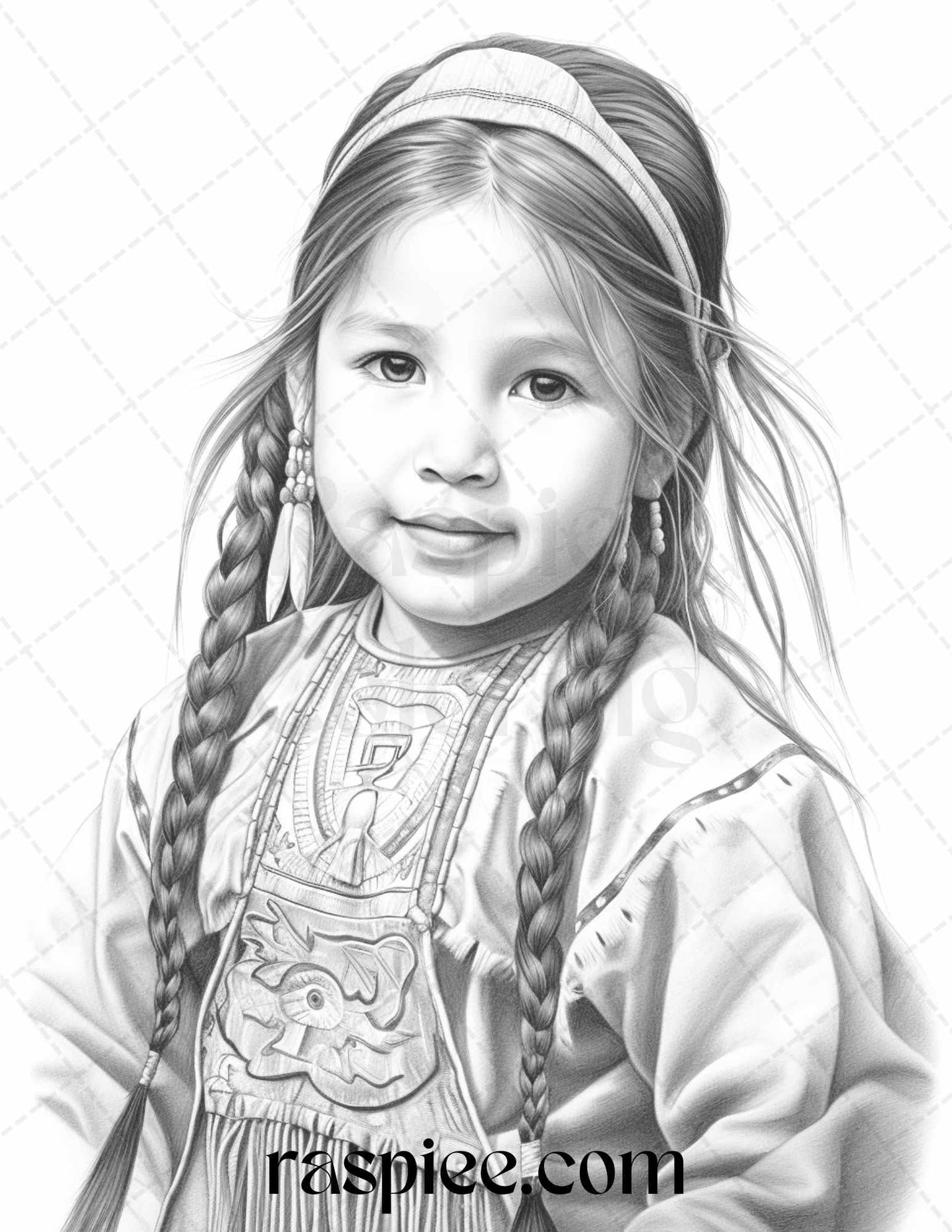 50 Native American Little Girls Boys Grayscale Coloring Pages Printable for Adults Kids, PDF File Instant Download