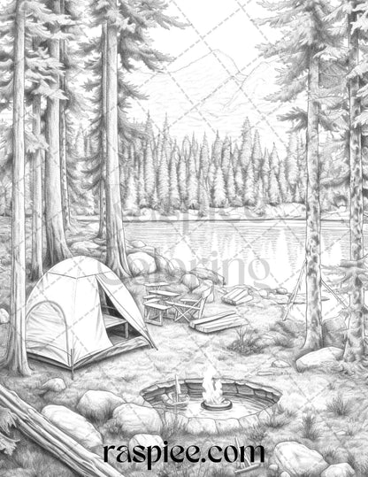 Nature Camping Grayscale Coloring Pages Printable, Relaxing Outdoor Scenes, PDF File Instant Download